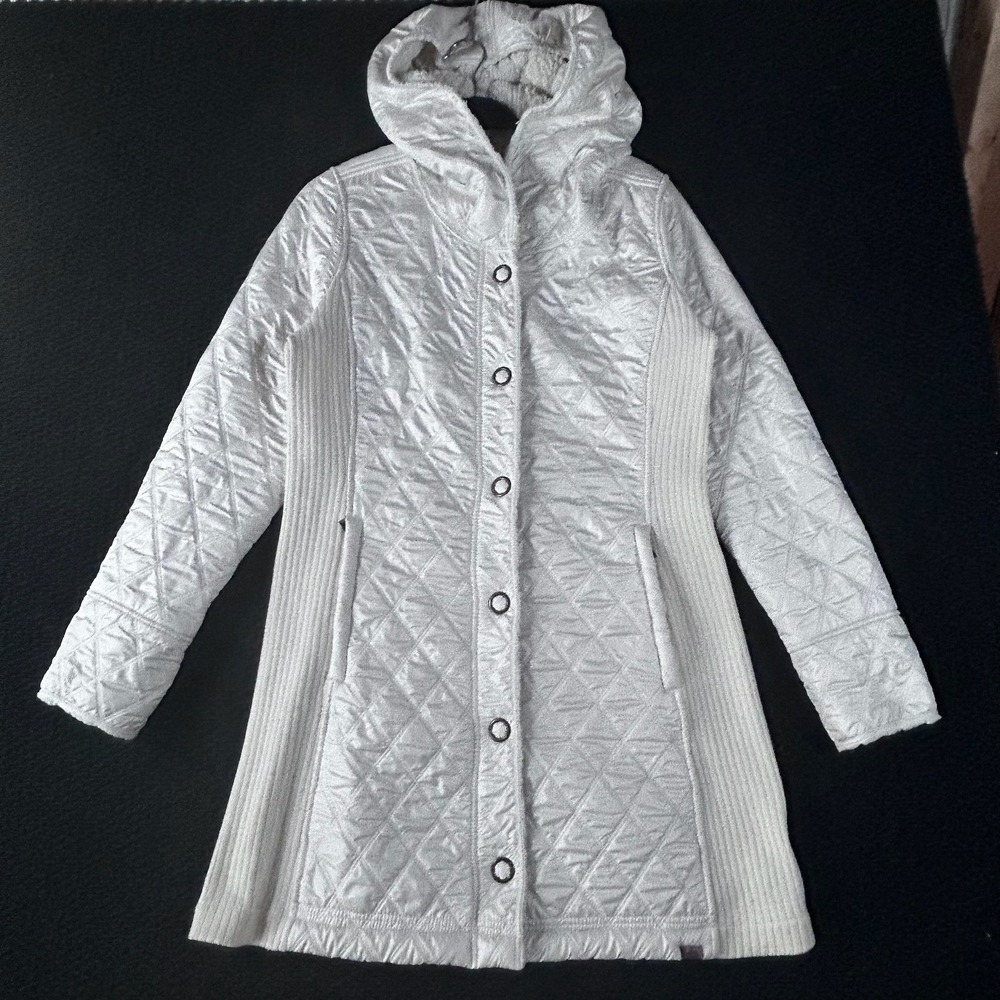 Prana Womens Medium White Quilted Sherpa Lined Hooded Long Jacket Coat 266